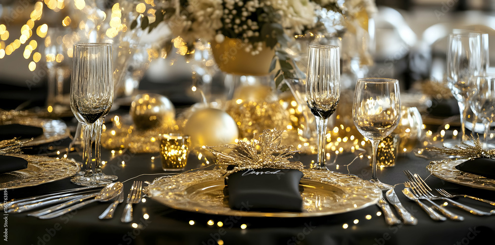 Birthday Background - Elegant dining table with gold and black decor, featuring sparkling lights and floral arrangements. Birthday Background - Elegant dining table with gold and black decor, featuring sparkling lights and floral arrangements.