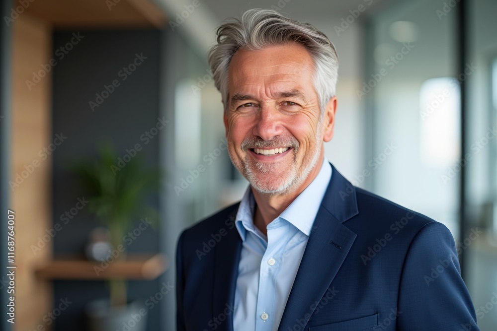 Confident Businessman Smiling in Modern Office Setting, Perfect for Corporate Branding and Business Marketing Materials Confident Businessman Smiling in Modern Office Setting, Perfect for Corporate Branding and Business Marketing Materials