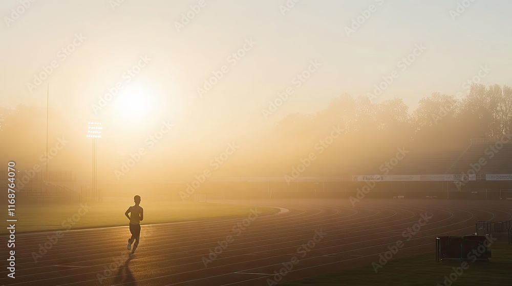 Fototapeta premium A runner jogs on a track at sunrise, surrounded by fog and soft morning light.