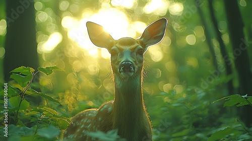 A young deer stands in a sun-dappled forest, looking directly at the camera. photo