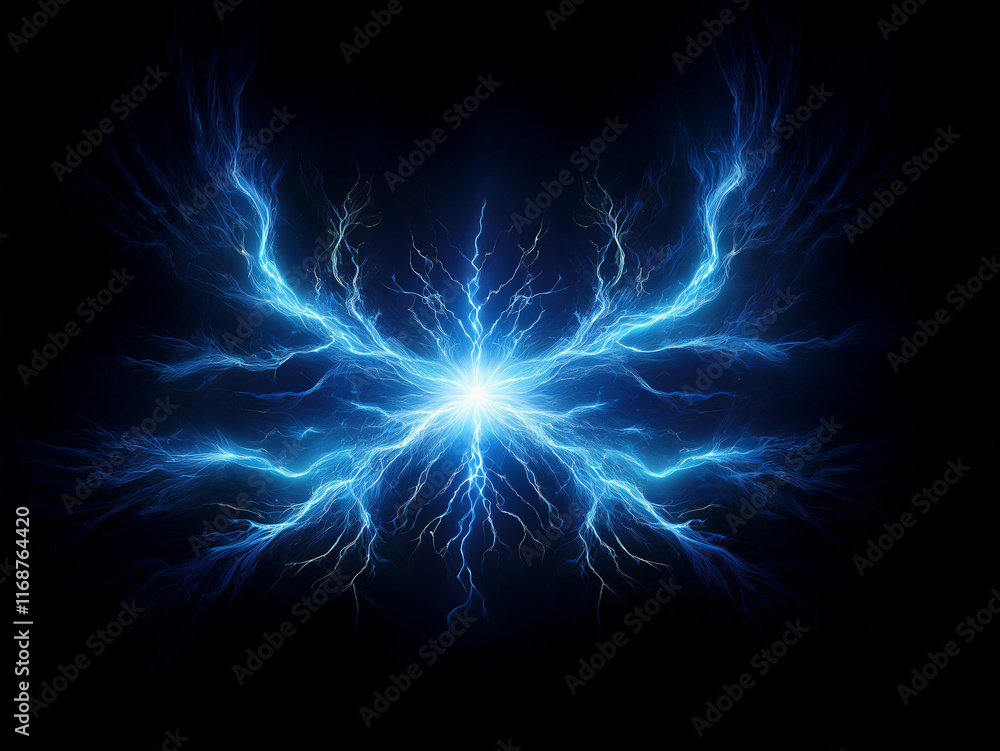 Fototapeta premium A radiant, blue energy formation resembles a butterfly's wings, emanating a bright light from its core against a dark background. The intricate, branching patterns evoke a sense of power and ethereal 