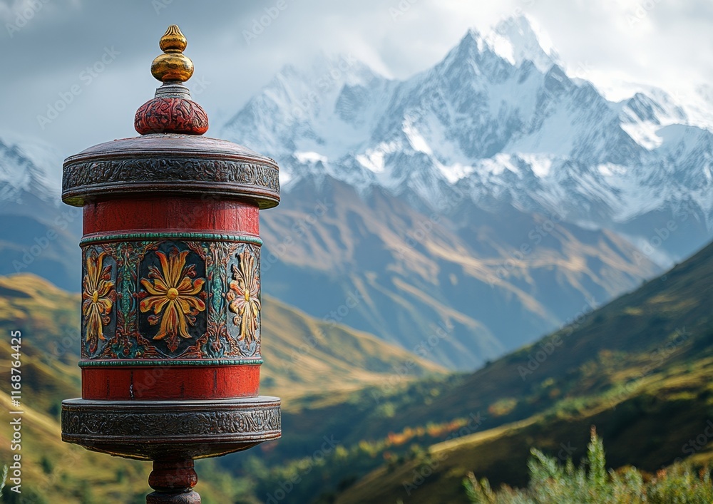 Naklejka premium Serenity and Spirituality Tibetan Prayer Wheel Against Snow-Capped Mountains