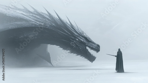 A knight fighting a dragon background side view realistic winter