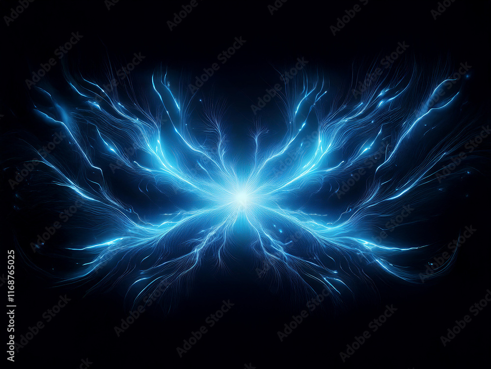 Obraz premium Glowing blue energy forms a symmetrical, butterfly-like shape against a black background. The light emanates from a central point, creating a radiant effect.