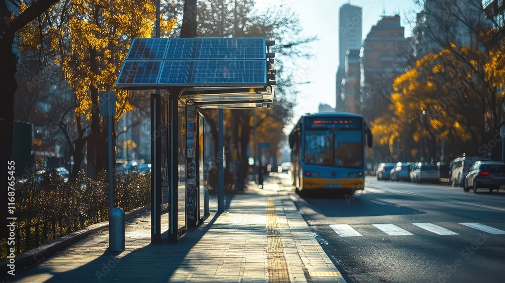 Fototapeta premium Urban Scene with Solar Panels and Bus Stop at Sunset