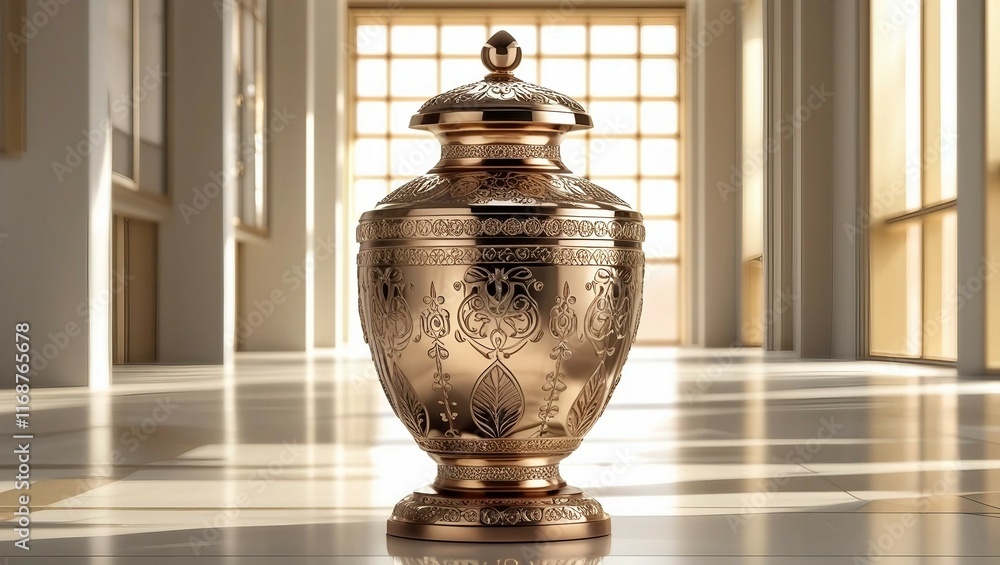 Ornate metal cremation urn in modern memorial hall with natural light Ornate metal cremation urn in modern memorial hall with natural light