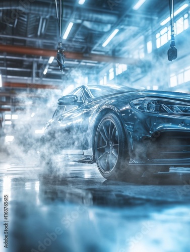 Two mechanics are repairing a car in a workshop. Auto mechanic detailed inspection of the car. Auto car repair service center. Car service, repair, maintenance concept