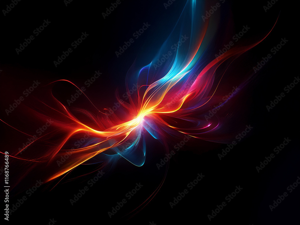 Abstract artwork featuring vibrant red and blue luminous waves colliding and swirling against a black background. The energy and movement create a dynamic, almost butterfly-like, visual effect. Abstract artwork featuring vibrant red and blue luminous waves colliding and swirling against a black background. The energy and movement create a dynamic, almost butterfly-like, visual effect.