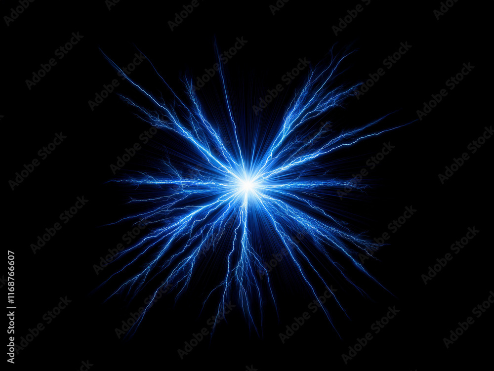 Fototapeta premium Intense blue energy bursts outwards from a central point, radiating in a starburst pattern against a pitch-black background. The light is vibrant and electric.