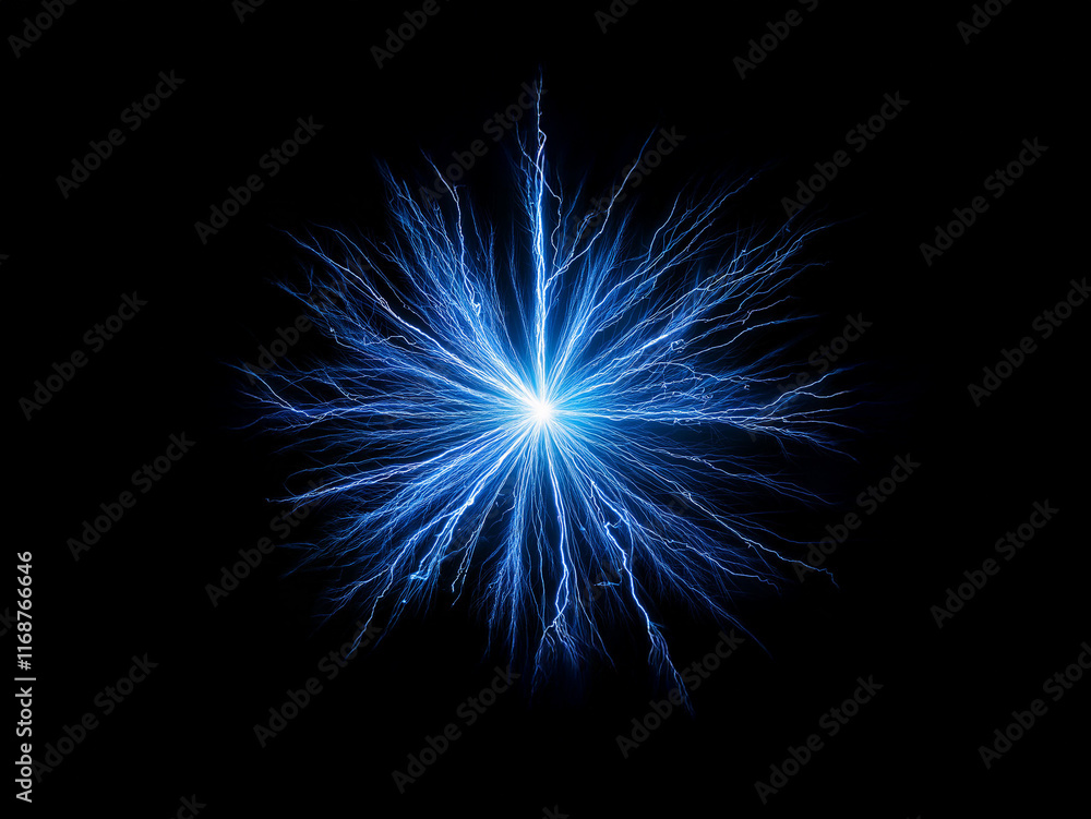A vibrant blue energy burst explodes from a central point, radiating outward in a starburst pattern against a stark black background. The intricate, branching lines evoke a sense of power and dynamis A vibrant blue energy burst explodes from a central point, radiating outward in a starburst pattern against a stark black background. The intricate, branching lines evoke a sense of power and dynamis