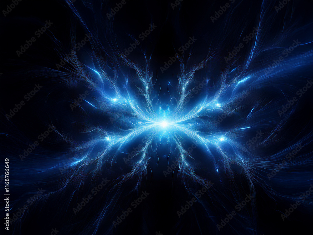 Fototapeta premium A mesmerizing abstract image depicting a luminous blue fractal, resembling a butterfly or starburst, radiating energy against a dark background. The intricate details and glowing light create a sense