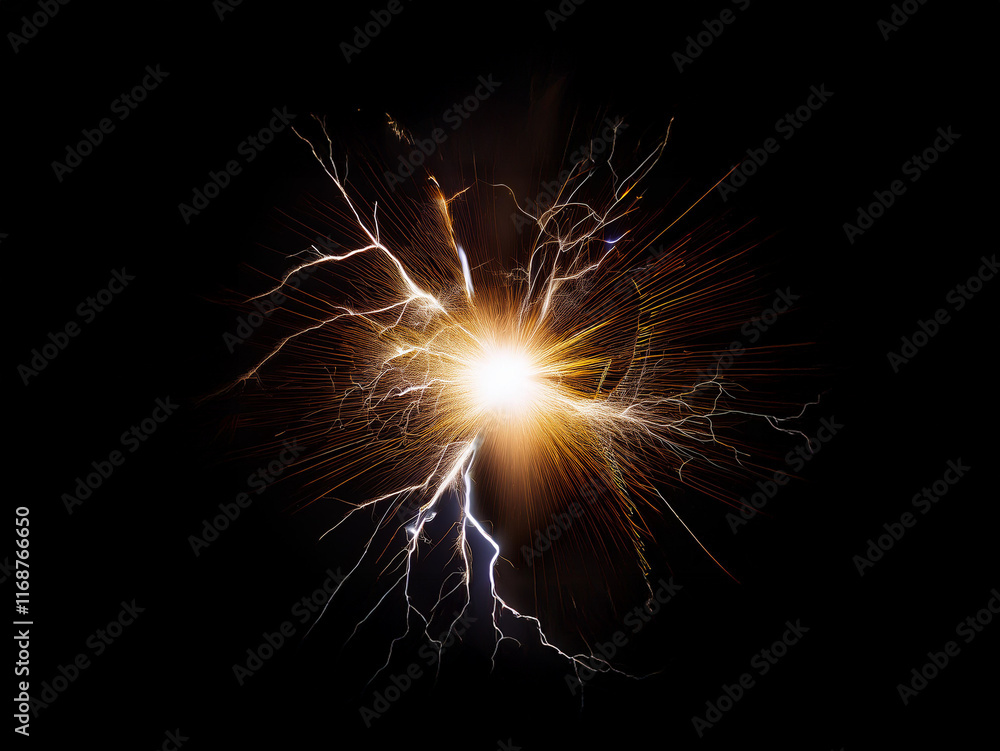 A radiant, golden light bursts forth, its energy crackling with electric blue tendrils against a stark black backdrop. The image evokes feelings of power and intensity. A radiant, golden light bursts forth, its energy crackling with electric blue tendrils against a stark black backdrop. The image evokes feelings of power and intensity.