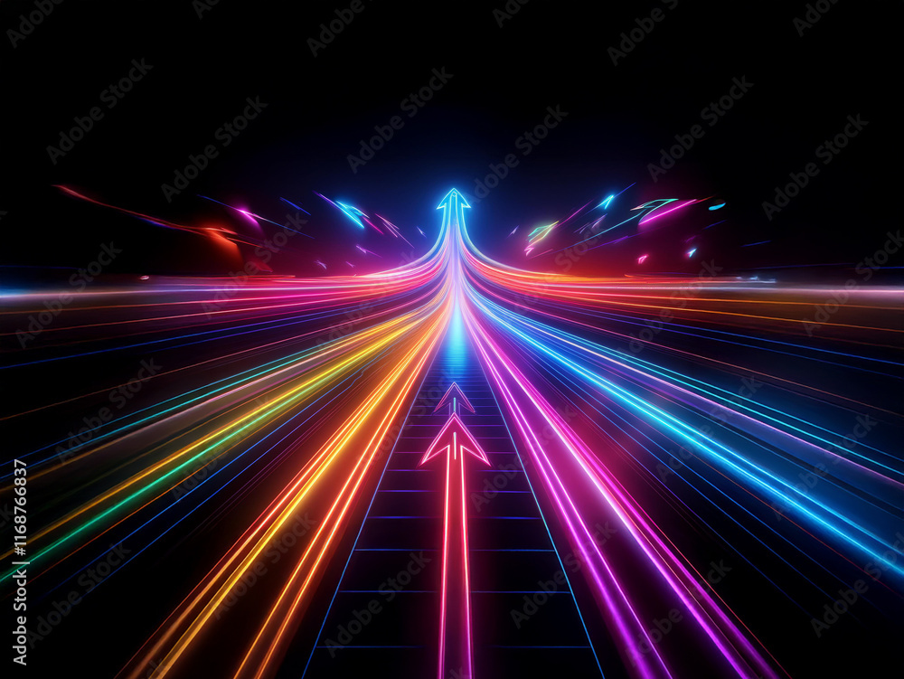 Fototapeta premium A vibrant, multicolored neon arrow streaks upward, converging from multiple paths on a dark, futuristic road. The effect is dynamic and suggests progress and speed.