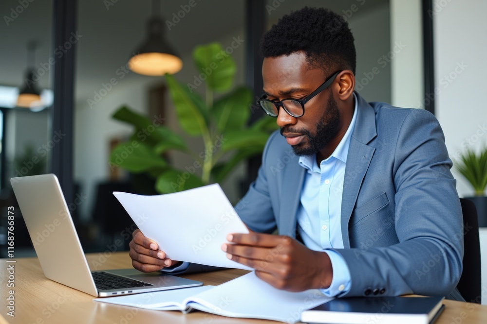 Focused Businessman Working on Laptop and Paperwork in Modern Office Setting, Ideal for Business and Productivity Concepts Focused Businessman Working on Laptop and Paperwork in Modern Office Setting, Ideal for Business and Productivity Concepts