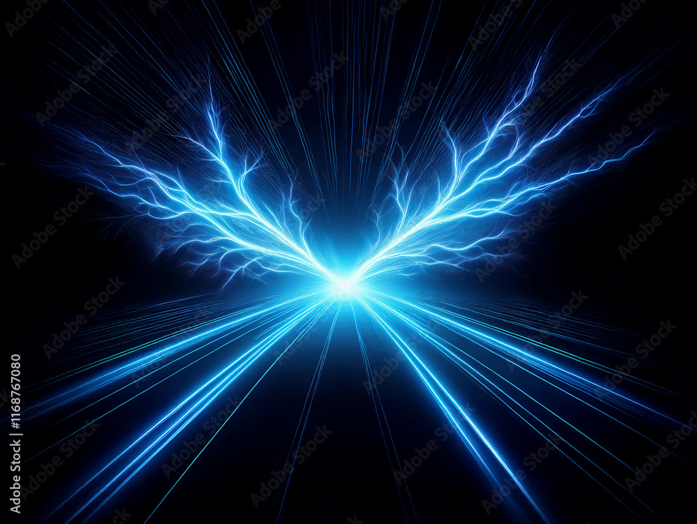 Obraz premium Intense blue light streaks across a dark background, resembling lightning branching from a central point of light, creating a symmetrical, almost mystical effect. The light forms a dynamic, radiant p