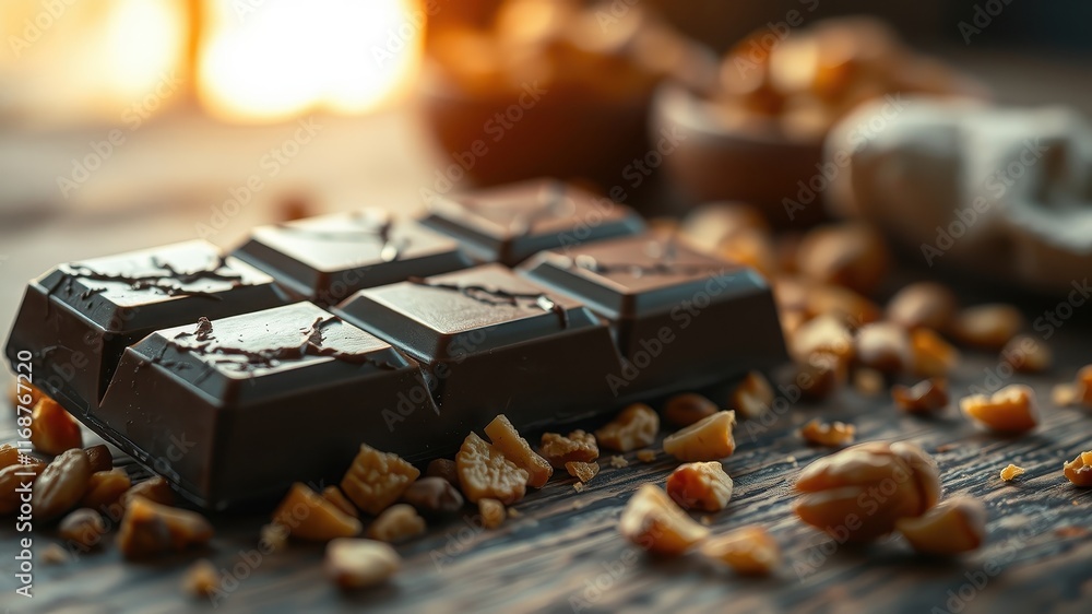 Dark Chocolate Bar with Crunchy Pieces on Rustic Wood Dark Chocolate Bar with Crunchy Pieces on Rustic Wood