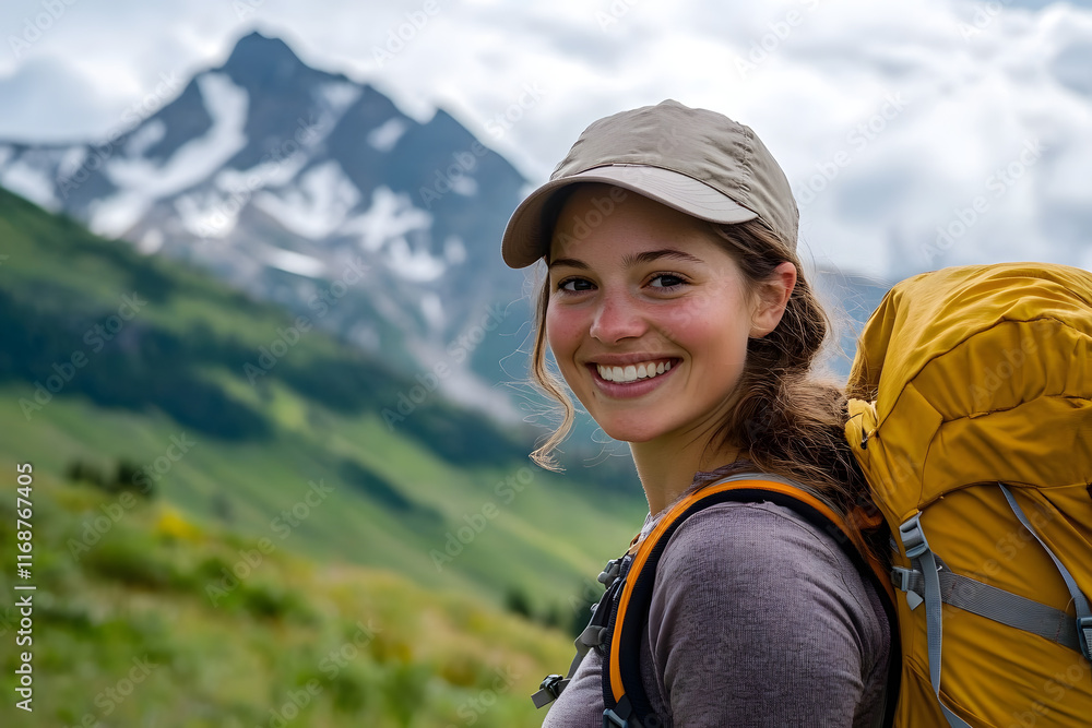 Smiling woman hiker with backpack enjoys scenic mountain view. Smiling woman hiker with backpack enjoys scenic mountain view.