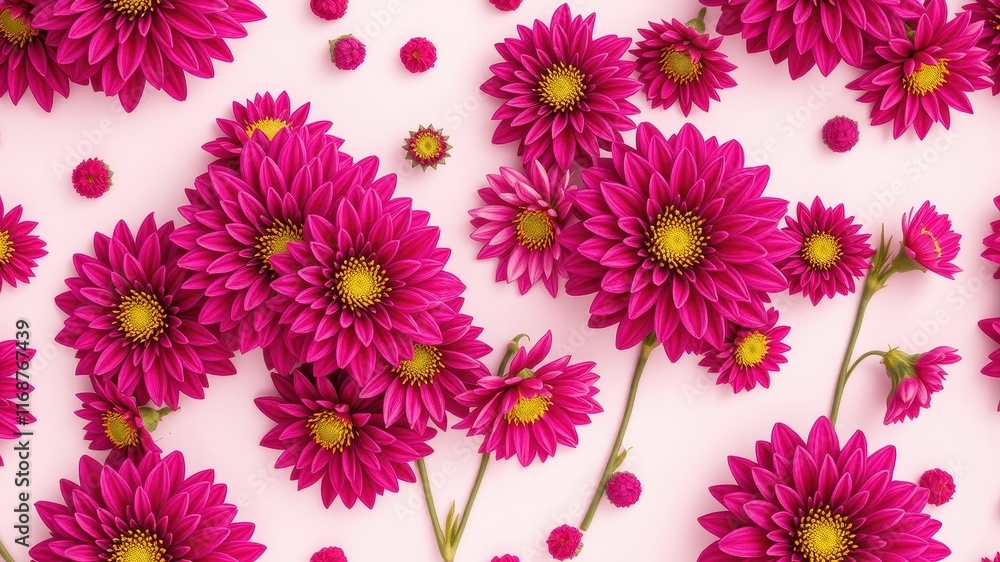 Fototapeta premium Vibrant Pink Chrysanthemum Floral Arrangement on a Soft Pink Background