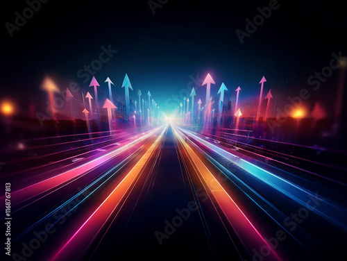 A glowing highway stretches to a bright horizon, lined with vibrant upward arrows symbolizing progress and growth.  The streaks of light depict speed and momentum. photo