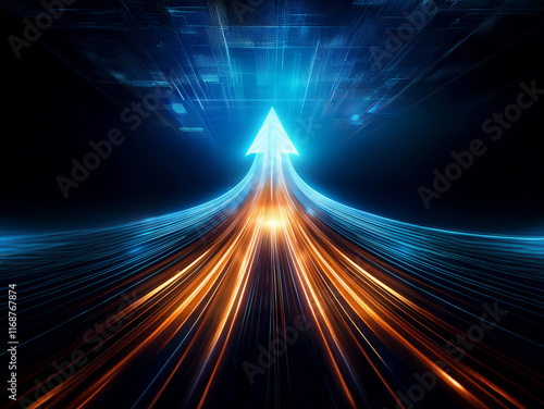 A glowing arrow ascends a dynamic, light-streaked path, symbolizing rapid upward progress and technological advancement. photo