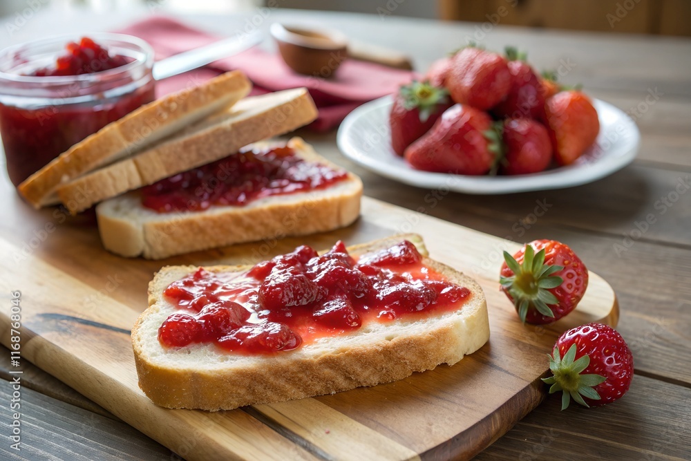 Strawberry jam spread on bread on wooden table Strawberry jam spread on bread on wooden table