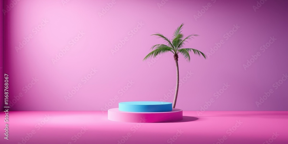 Obraz premium Minimalist Pink Room with Palm Tree and Platform