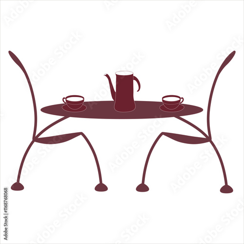 Vector illustration of the silhouette of a table and two chairs. Round table and chairs for cafes, restaurant terraces.