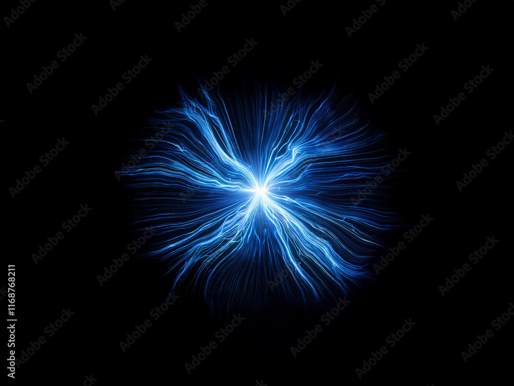 Intense blue energy bursts from a central point, radiating outwards in a symmetrical, almost floral pattern against a pitch-black background. The light trails resemble flowing ribbons or wings. Intense blue energy bursts from a central point, radiating outwards in a symmetrical, almost floral pattern against a pitch-black background. The light trails resemble flowing ribbons or wings.