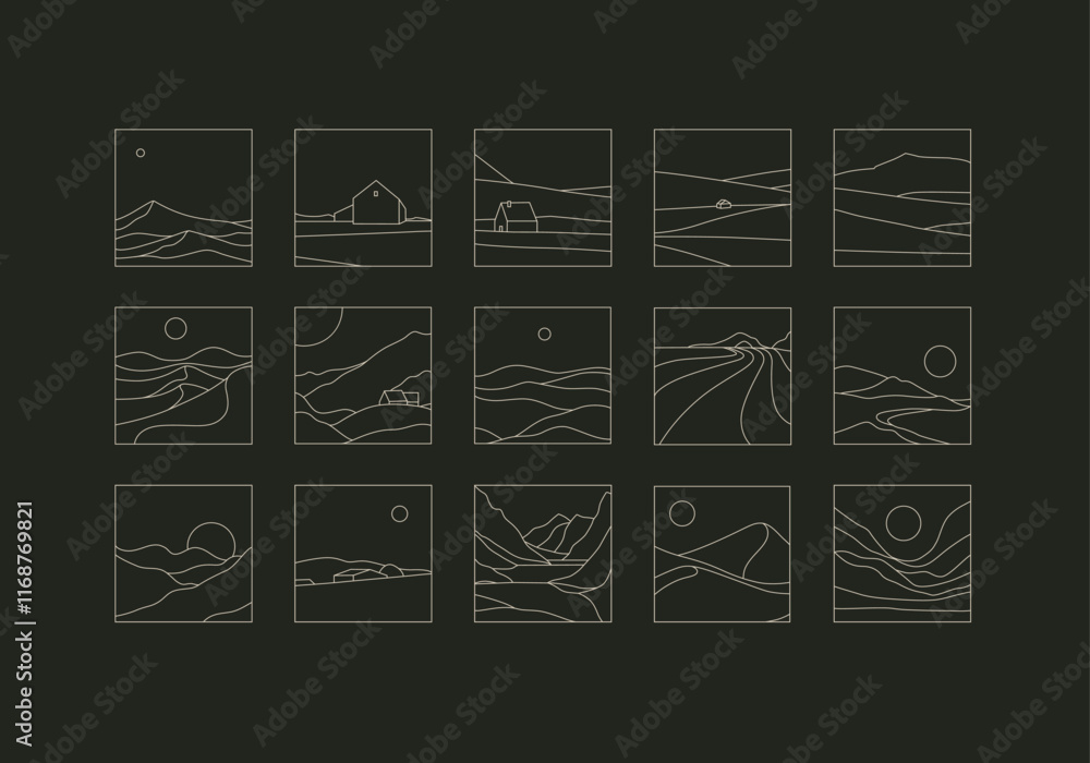 Mountain silhouettes icon set drawing in linear art style on black background