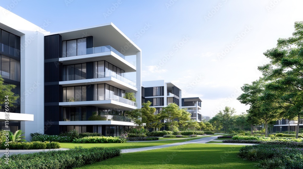 Modern residential buildings surrounded by greenery and pathways.