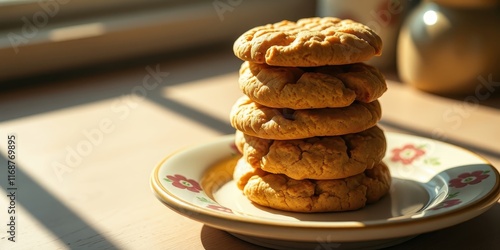 Wallpaper Mural Golden baked treats stacked high on a floral plate bathed in sunlight Torontodigital.ca