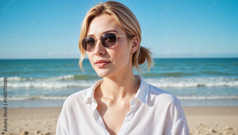 Woman relaxing by the beach on a sunny spring day, carefree vibe Woman relaxing by the beach on a sunny spring day, carefree vibe