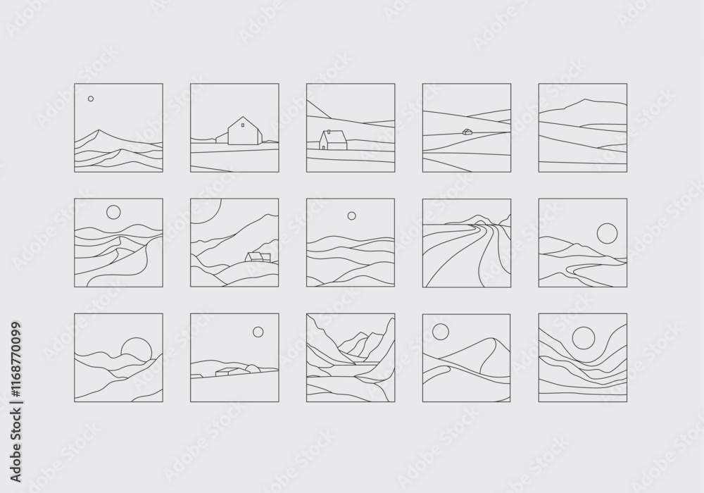Mountain silhouettes icon set drawing in linear art style on grey background