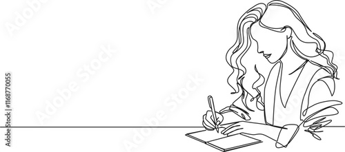 continuous line drawing of woman writing in journal or diary, line art vector illustration