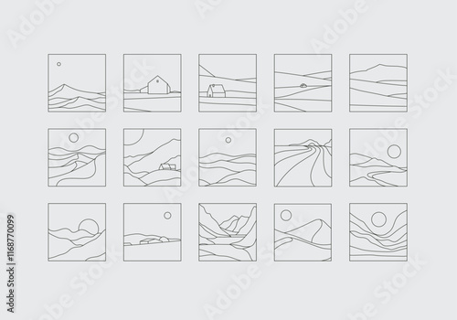 Obraz na płótnie Mountain silhouettes icon set drawing in linear art style on grey background w salonie