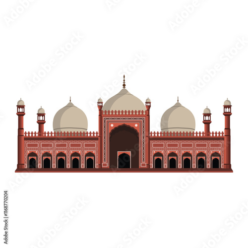 Beautiful Illustration of Badshahi Mosque in Lahore, Pakistan - Iconic Mughal Architecture with Majestic Domes and Minarets - Perfect for Cultural and Historical Themes Isolated on White Background