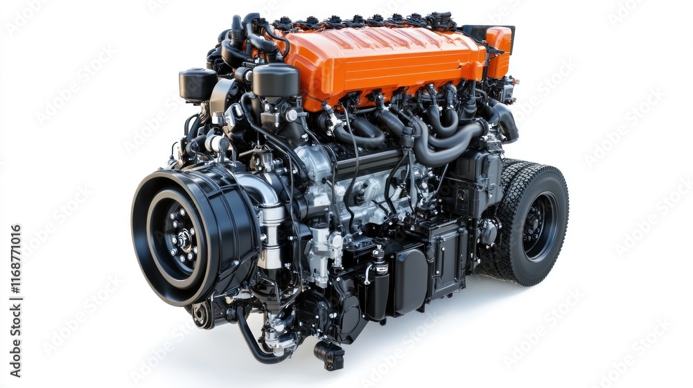 A detailed automotive engine showcasing complex components and design. A detailed automotive engine showcasing complex components and design.