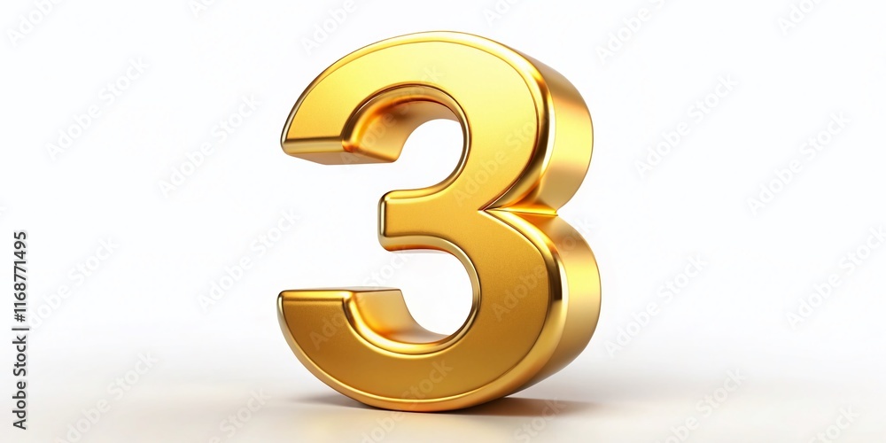 Golden 3D Number Three, Isolated on White, Luxury Architectural Digit, 3D Render Illustration Golden 3D Number Three, Isolated on White, Luxury Architectural Digit, 3D Render Illustration