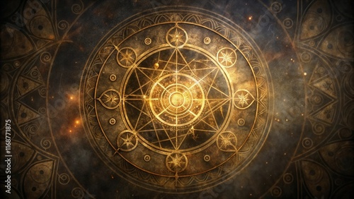 Esoteric mystical background with geometric patterns and golden colors, abstract mood, copy space