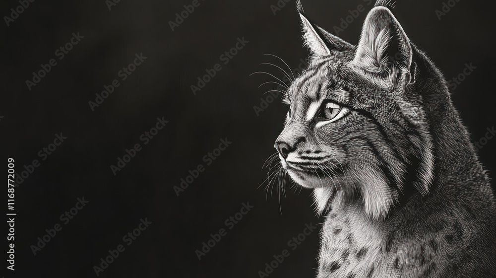 Obraz premium A detailed black-and-white portrait of a lynx, showcasing its striking features and expression.