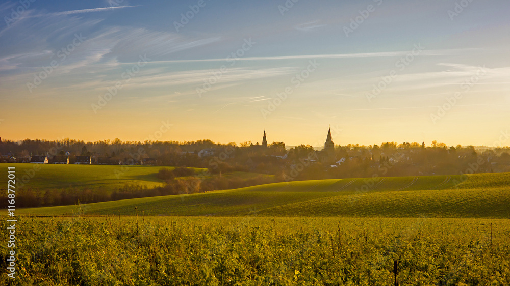 Obraz premium the two churches called Wiesnasen of Ratingen Homberg at golden evening sunlight
