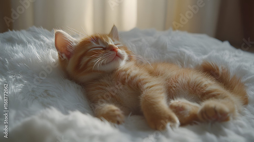 A cute orange and white kitten is laying on a white blanket. The kitten has its eyes closed and is looking at the camera