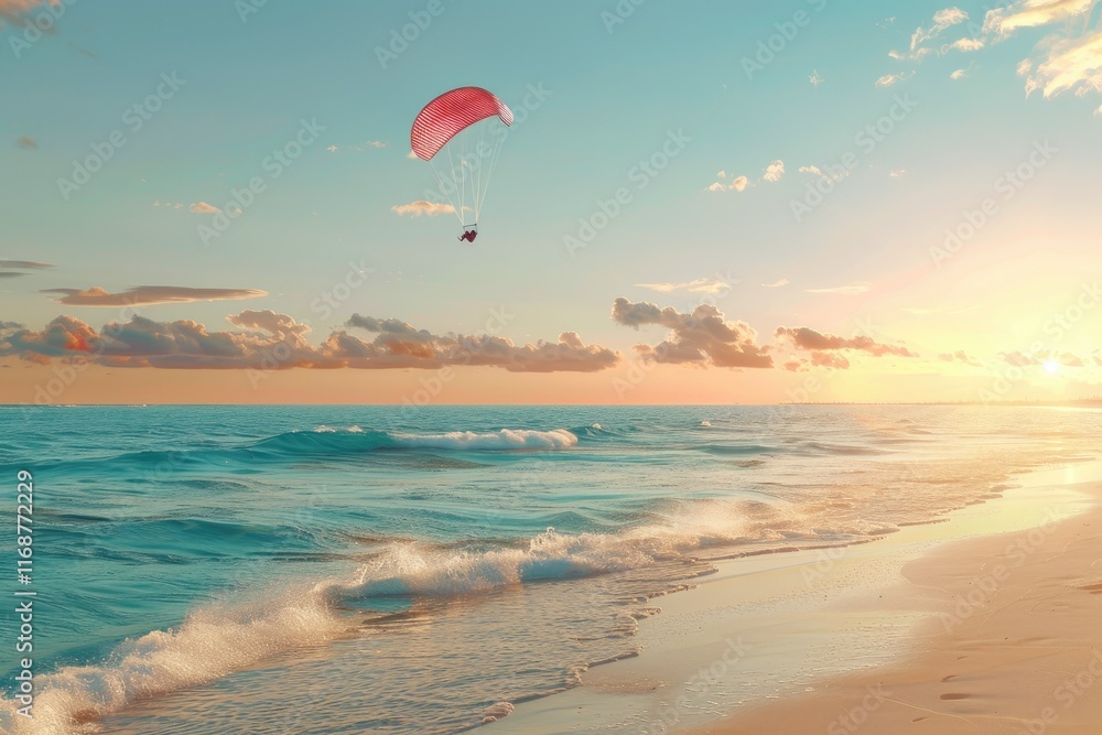 Illustration of Parachuting Over the Blue Sea and Sandy Beach at Sundown Illustration of Parachuting Over the Blue Sea and Sandy Beach at Sundown