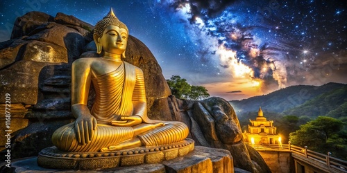 Golden Buddha Statue Night Photography, Aluvihara Rock Temple, Sri Lanka photo