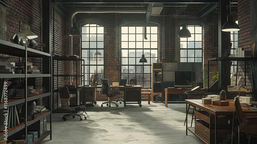 Naklejka premium Spacious Industrial Loft Workspace with Modern Urban Aesthetic
