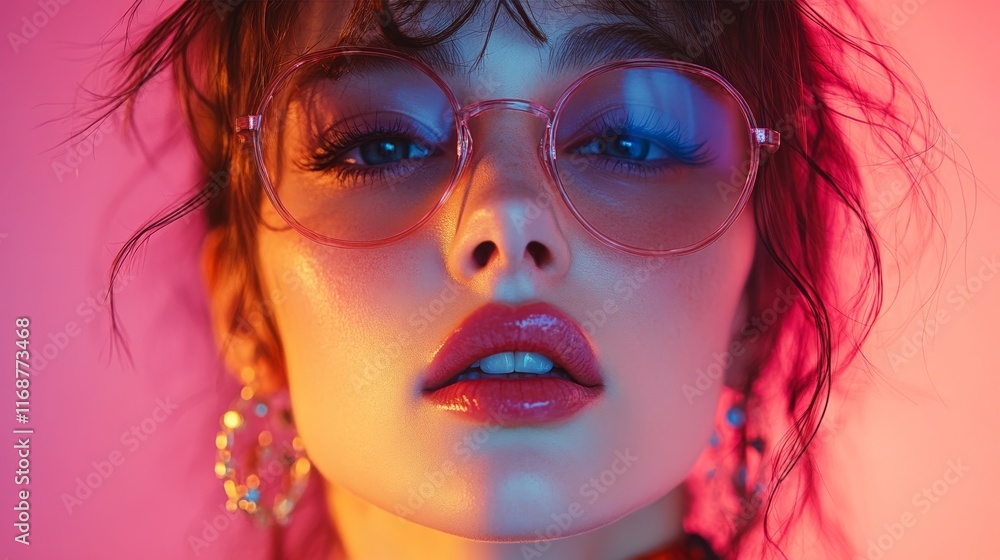 Obraz premium Glamorous woman pink glasses. Close-up portrait, vibrant neon light, glossy lips. Stylish, fashionable, beauty.
