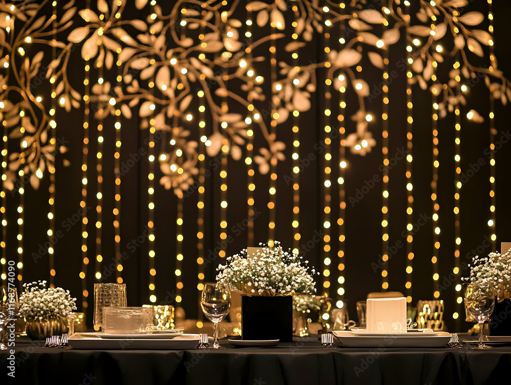 Birthday Background - Elegant dining setup with a decorative backdrop of lights and floral accents. Birthday Background - Elegant dining setup with a decorative backdrop of lights and floral accents.