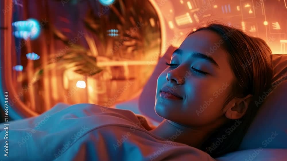 This young person rests calmly in a tranquil environment, surrounded by softly glowing lights. This young person rests calmly in a tranquil environment, surrounded by softly glowing lights.