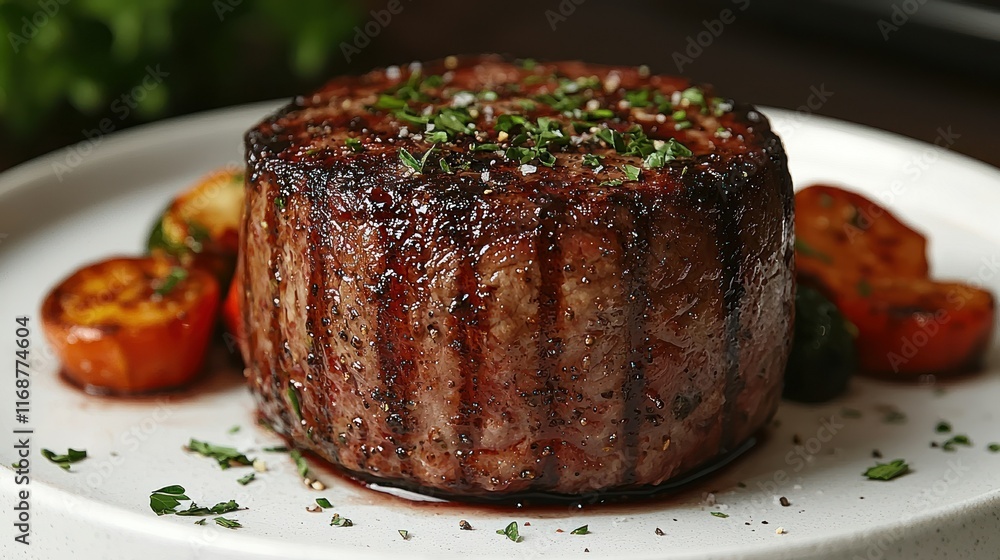 Grilled steak served with roasted vegetables and herbs. Grilled steak served with roasted vegetables and herbs.