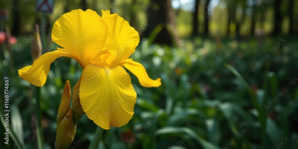 Fototapeta premium A vibrant yellow iris flower blossoms in a sunlit garden, surrounded by lush green foliage